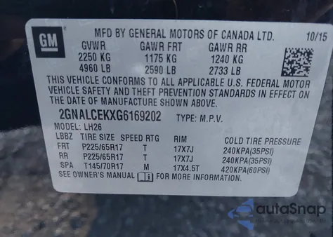 2016 Chevrolet Equinox Lt z USA, uszkodzony, nr VIN 2GNALCEKXG6169202